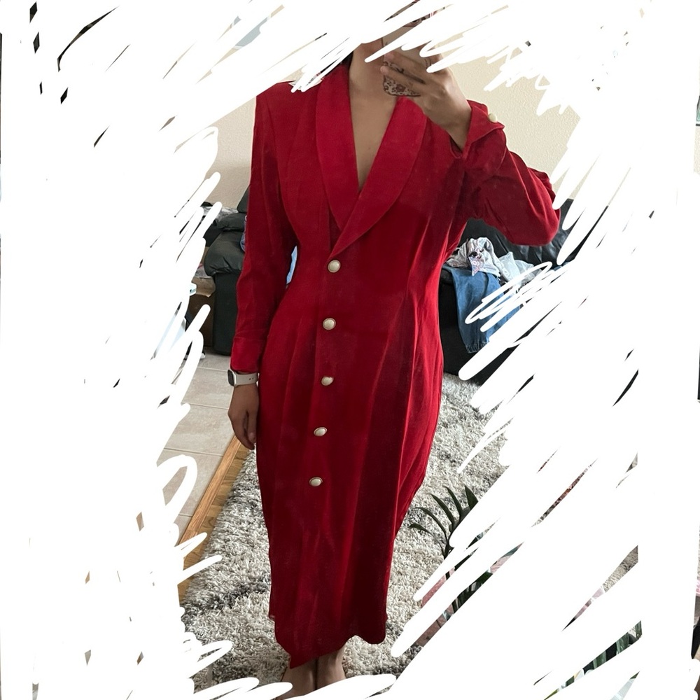 Vintage Red Long Sleeve V-Neck Sheath Dress Size 10 Midi Button Old Money